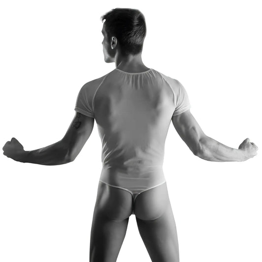 Black-and-white image of a man wearing a form-fitting yellow sheer thong back bodysuit by Lookme Malibu in size L