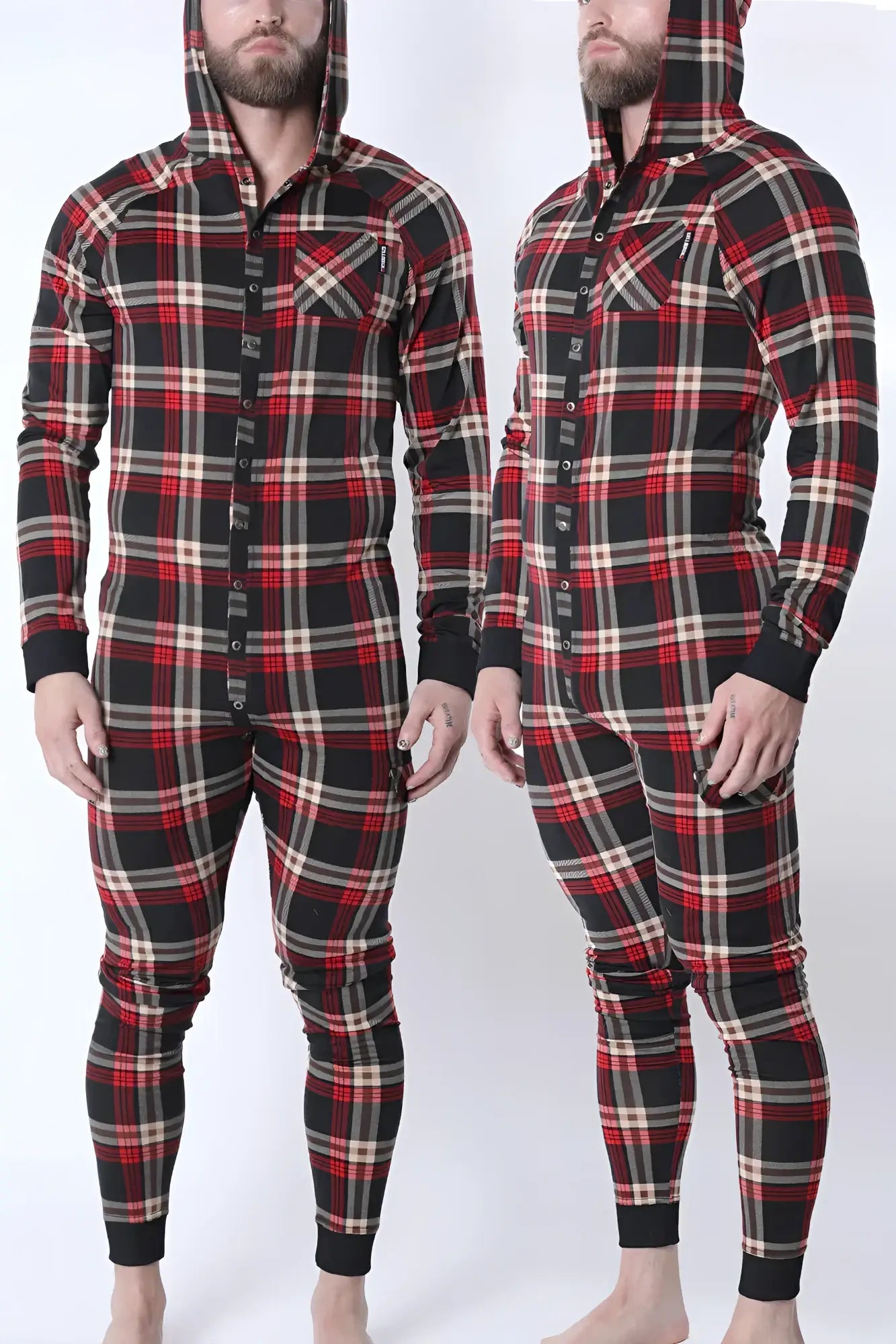 Lumber jacked union suit plaid hooded onesie in red black and beige with button-front closure for cozy wear