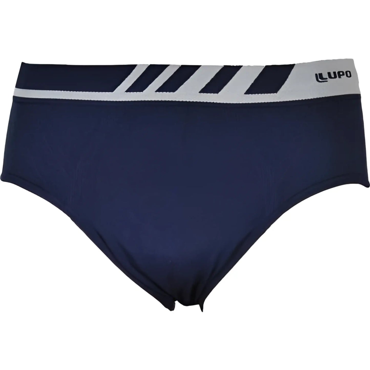 Navy blue lupo seamless microfiber briefs with a gray and black striped waistband size l front view