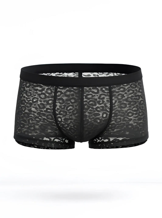 Black lace boxer briefs with subtle leopard print pattern in a luxury lace trunk design for stylish comfort