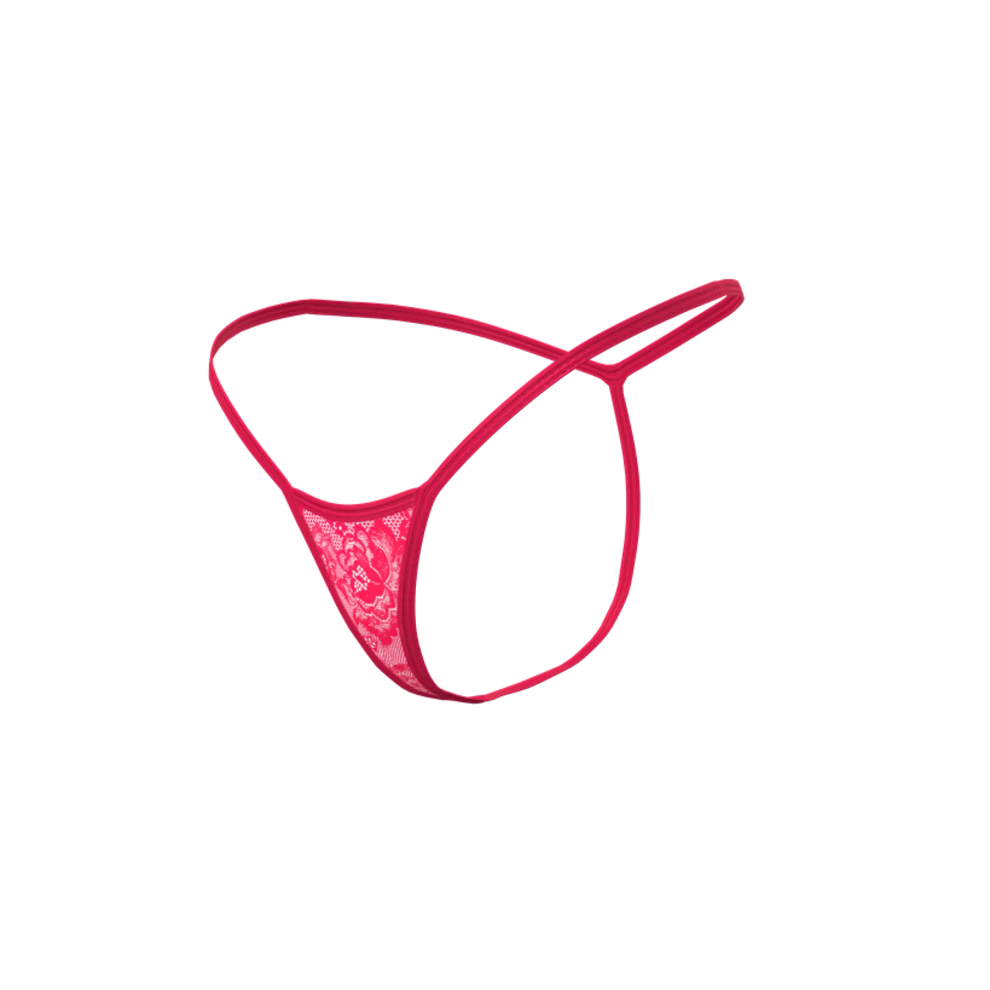 A vibrant pink magic silk plunge chemise and g-set thong with delicate lace and thin elastic straps in a minimalist design