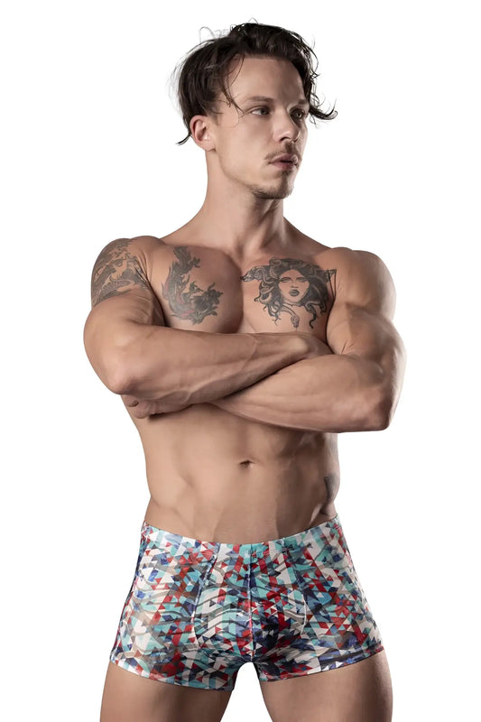 Men’s boxer briefs male power 131-293 your lace or mine pouch short with vibrant red white blue geometric pattern