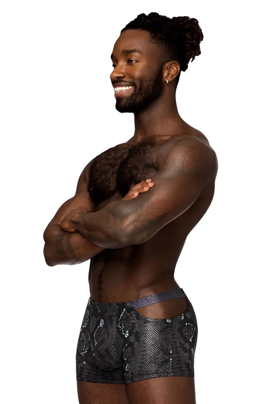 Male power 153-282 black-blue boxer briefs with black snake-print sleek textured fabric and gray waistband