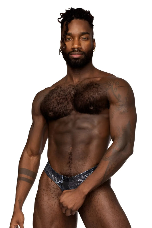 Male power 334-282 s-naked power sock black-blue shiny silver sequined briefs for men front view
