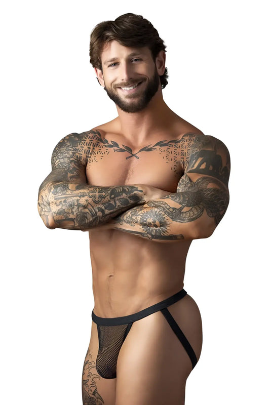 Male power 388-11c fishnet black mesh briefs with solid black waistband designed as a jockstrap