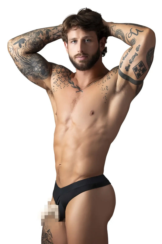 Male power 417-304 black open front thong briefs with snug fit smooth fabric and elastic cock ring front view