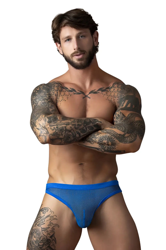 Male power 441-11c fishnet blue mesh briefs with thong design in royal color showing front view