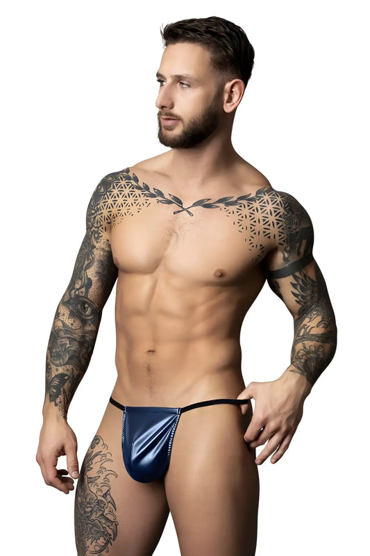 Male power 450-301 liquid onyx 2.0 blue shiny latex thong with black elastic waistband shown from the back side