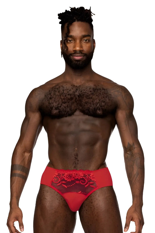 Red lace-trimmed briefs with sheer mesh panel and floral embroidery from male power sassy lace bikini in red