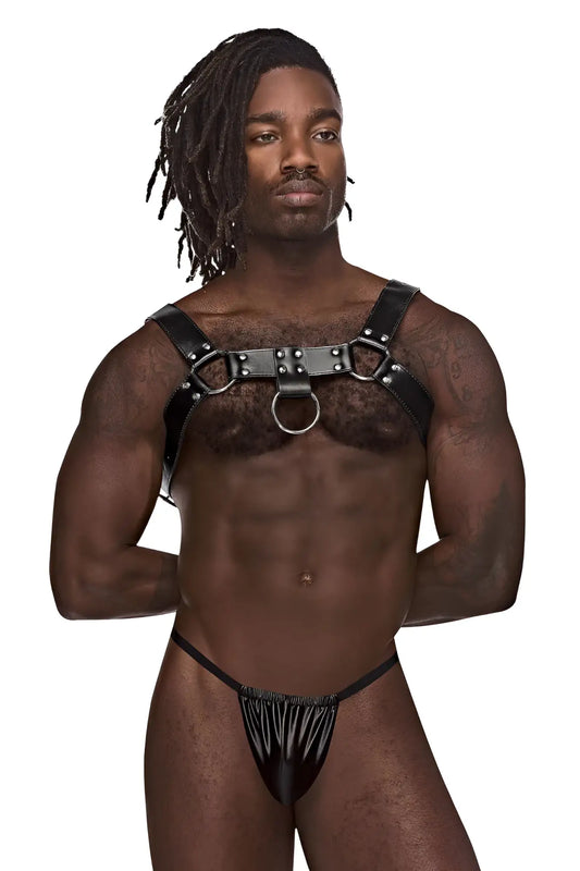 Black leather male power 590-266 aries harness with metal rings and studs featuring adjustable straps
