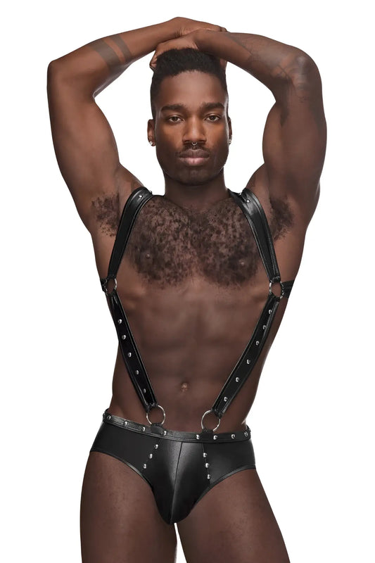 Black leather male power pak-154 fetish uranus jockstrap with silver studs and metal rings front view