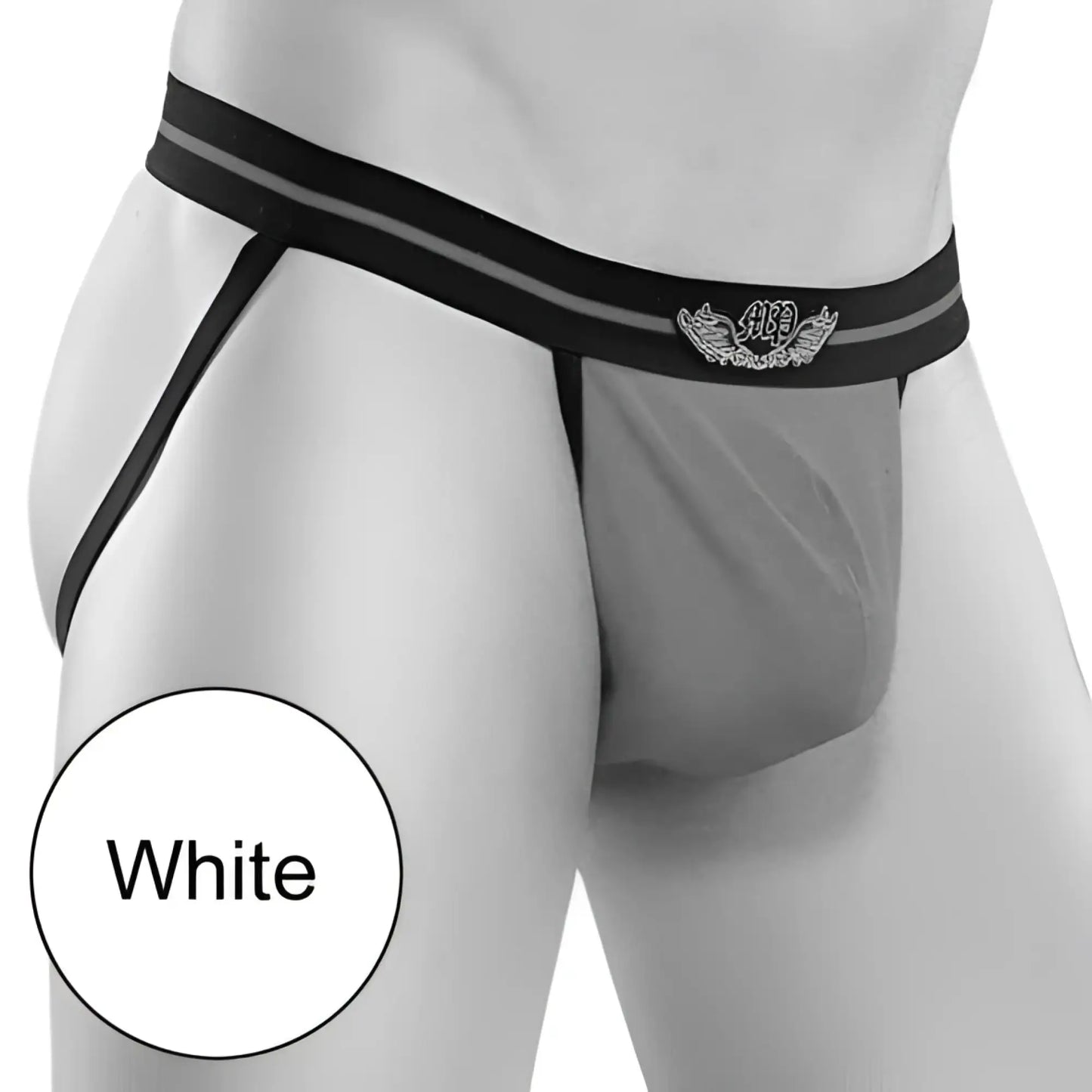 Male power wings jock strap underwear white with black waistband and embroidered emblem size l/xl front view