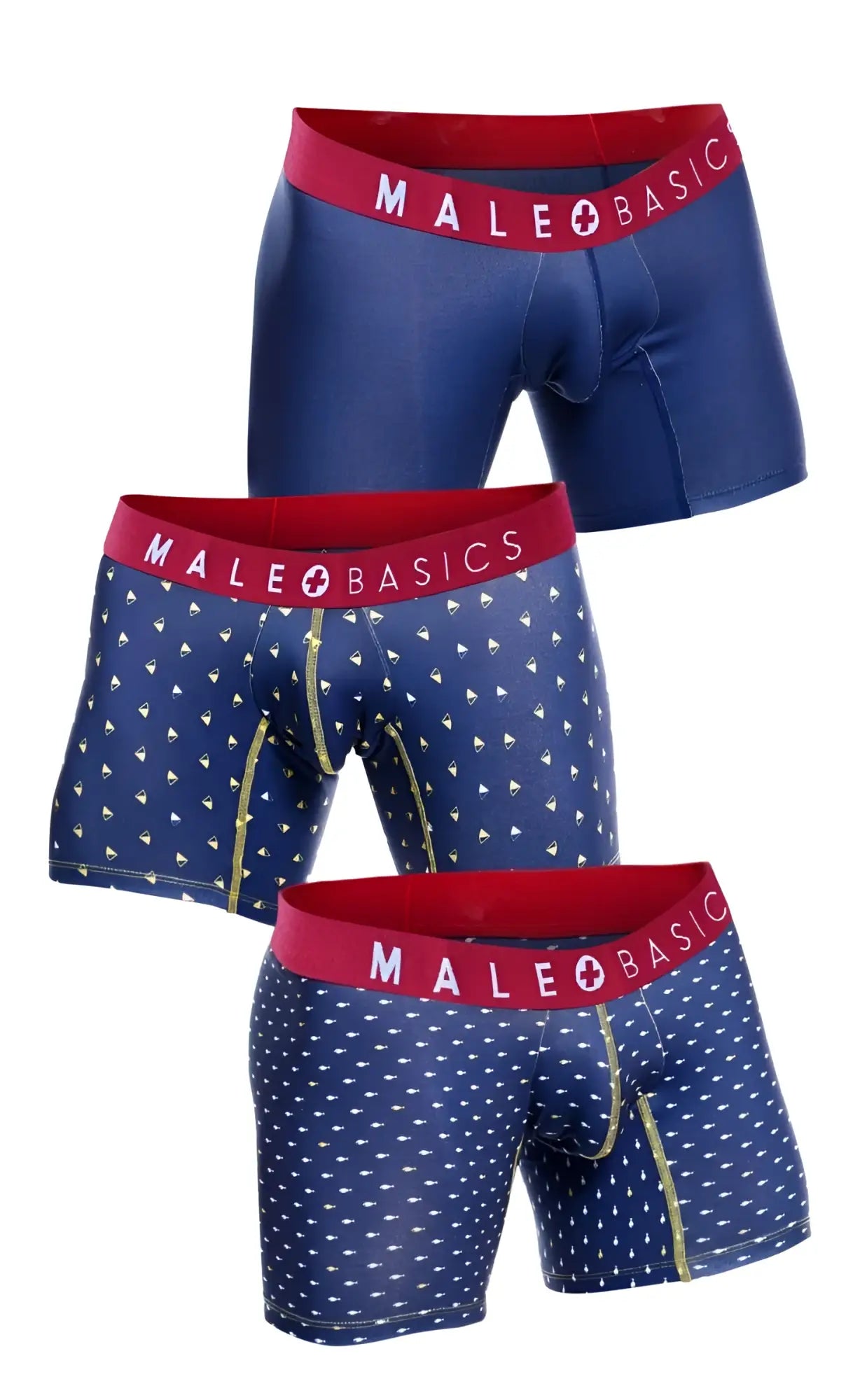Set of three malebasics boxer briefs in blue with red waistbands one solid two patterned with white triangles marine pack
