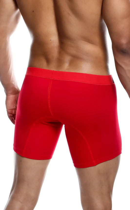 Red malebasics boxer brief with smooth form-fitting fabric and solid color design shown from the back side