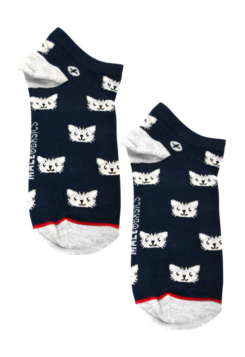 Malebasics navy blue ankle socks with white cat faces and red toe trim for casual wear