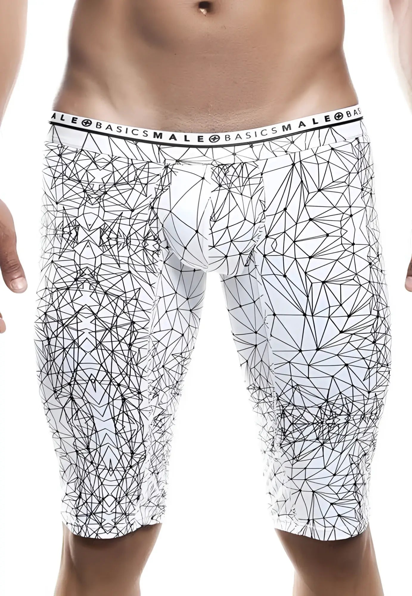 White mens briefs with black geometric line pattern and malebasics branding on waistband athletic hipster boxer brief