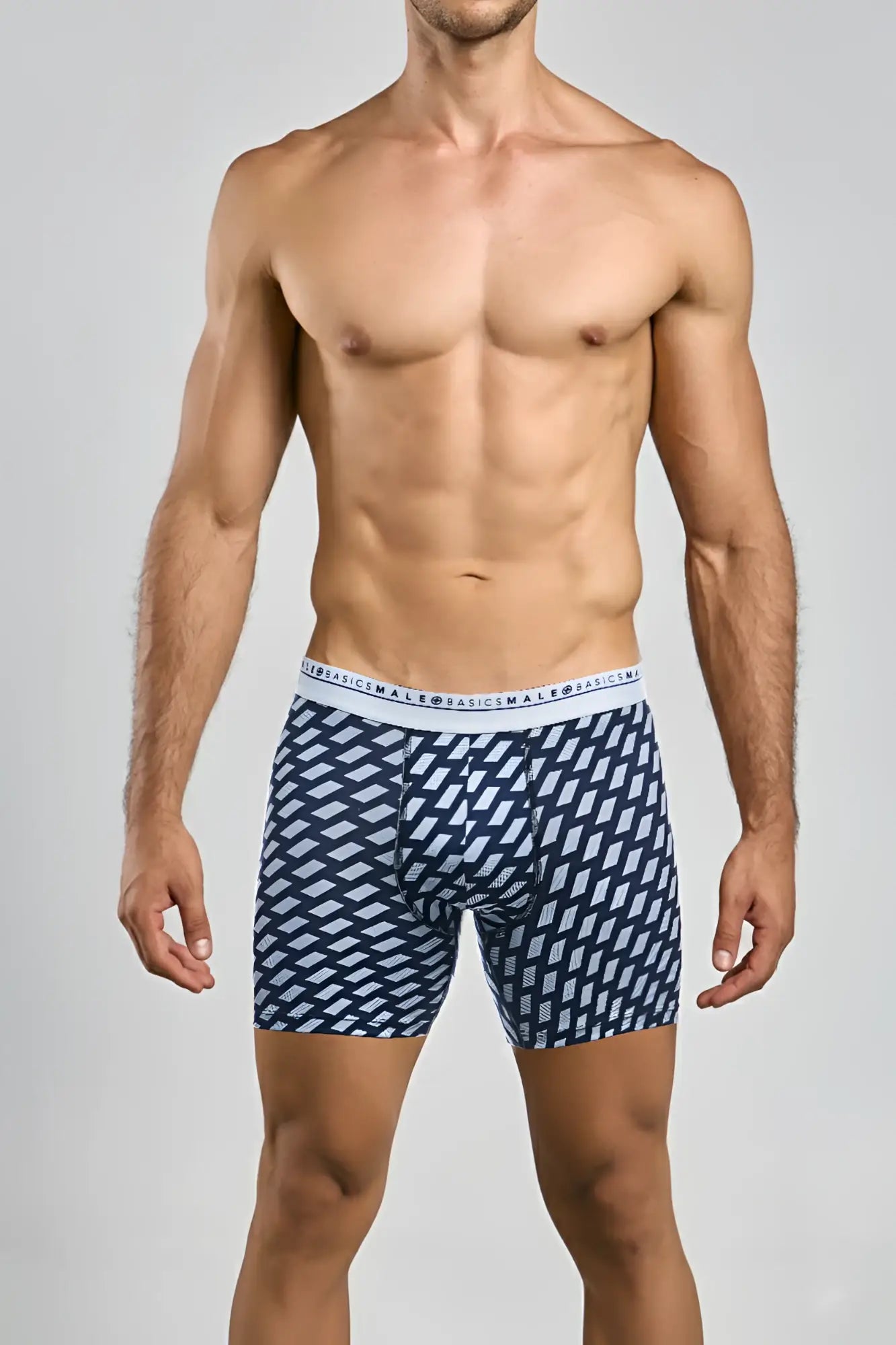 Navy blue malebasics boxerbrief formula 1 with light gray geometric parallelograms and white branded waistband