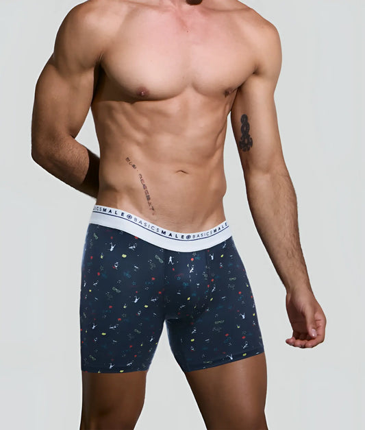 Navy blue malebasics boxerbrief party with white elastic waistband and colorful abstract patterns on the fabric