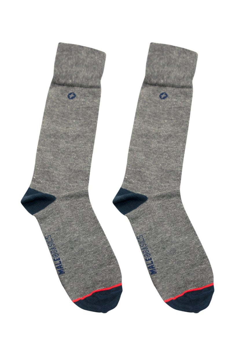 Malebasics dress sock gray with gray heathered fabric navy blue toe and heel red trim and small embroidered logo