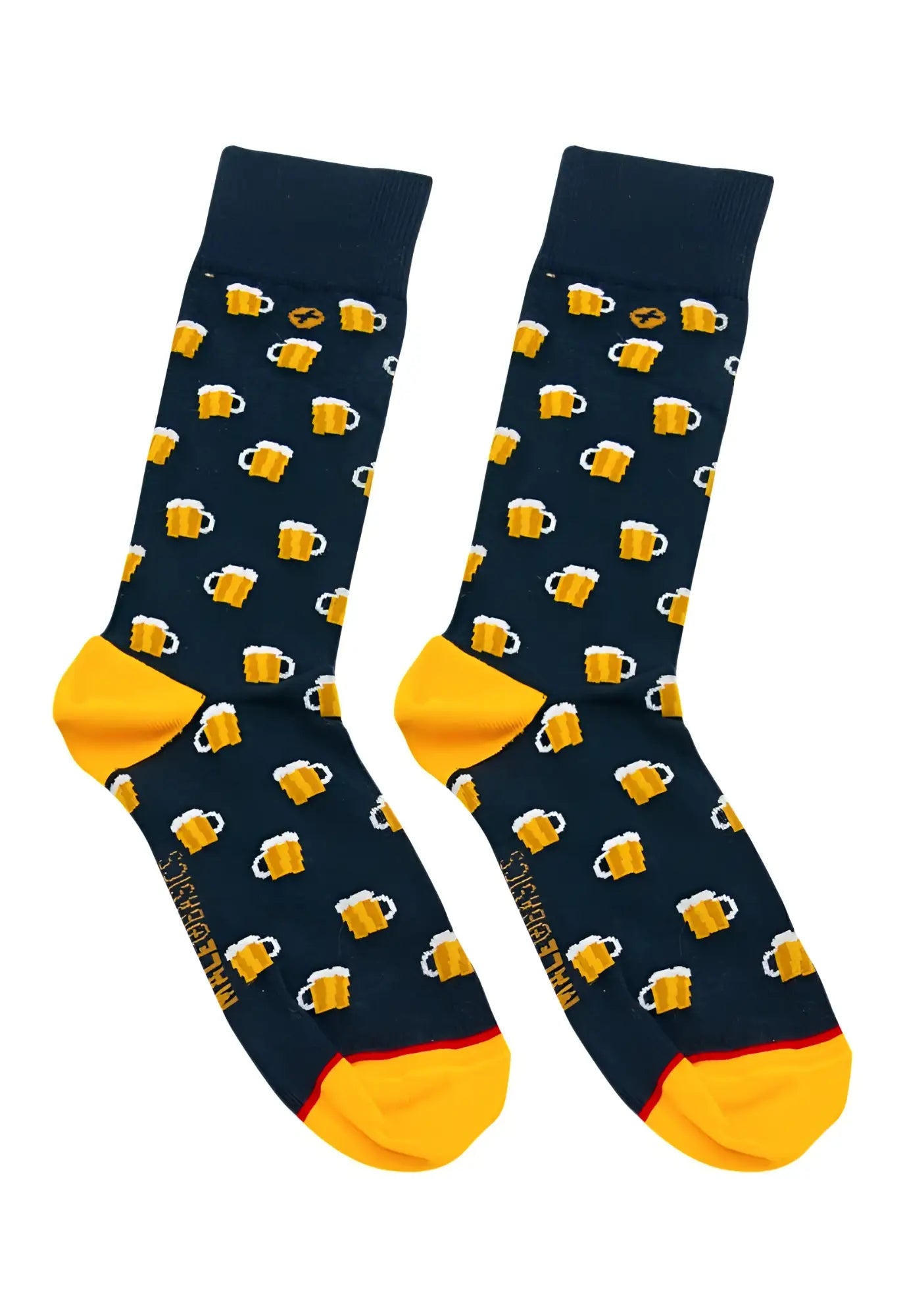Malebasics fun sock-beers dark blue socks with yellow beer mug pattern and bright yellow toes and heel accents