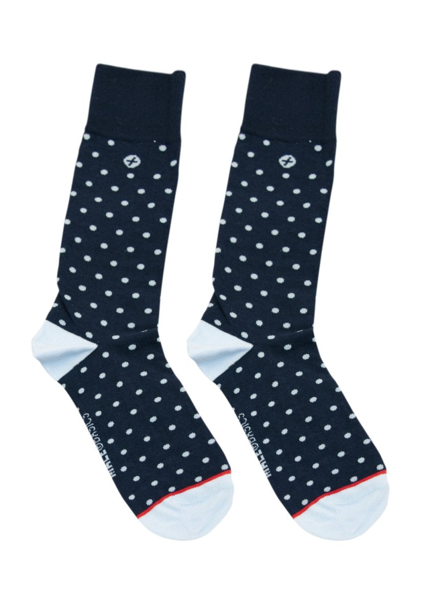 Malebasics fun sock-dotted navy blue socks with white polka dots light blue toe caps and red trim at heel