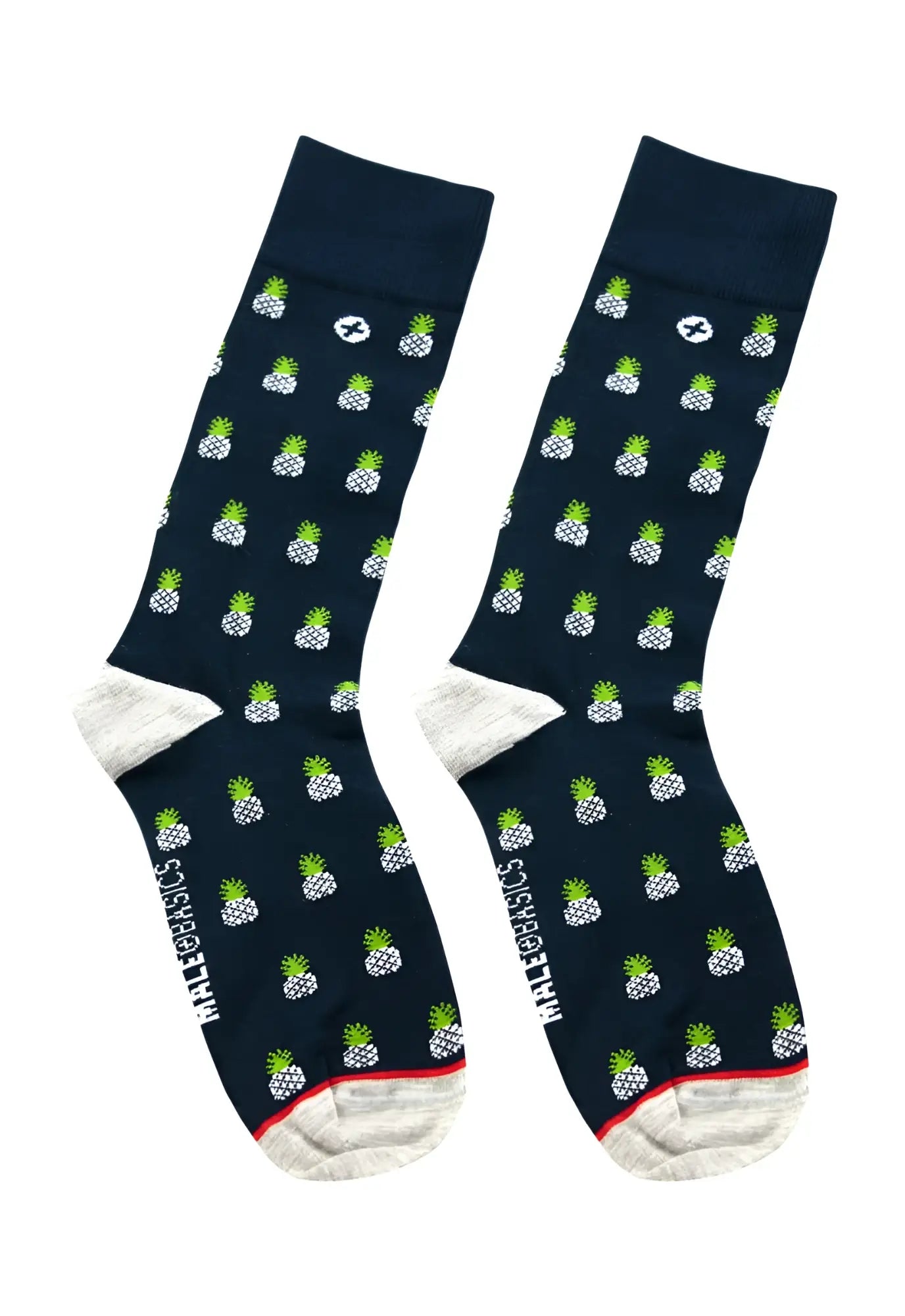 Navy blue male basics fun socks with green and white pineapple pattern and red toe and heel trim