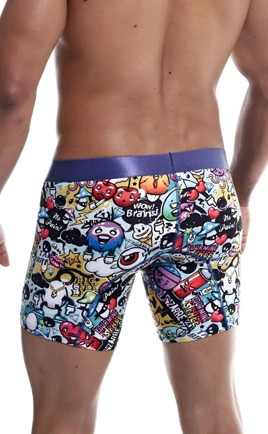 Malebasics hipster boxer brief comics featuring vibrant graffiti-style print with purple elastic waistband for men