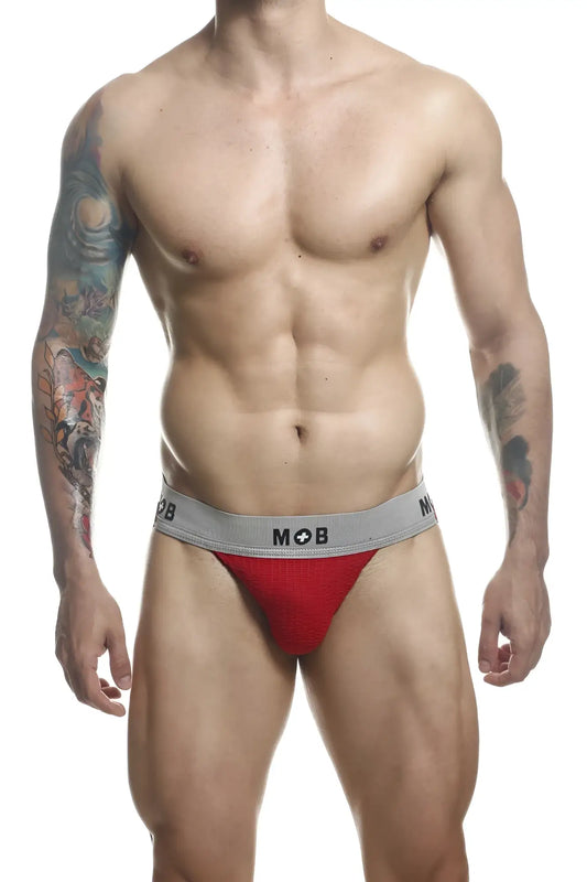 Red malebasics mbl107 mob classic fetish jockstrap with gray waistband and mob logo for athletic use