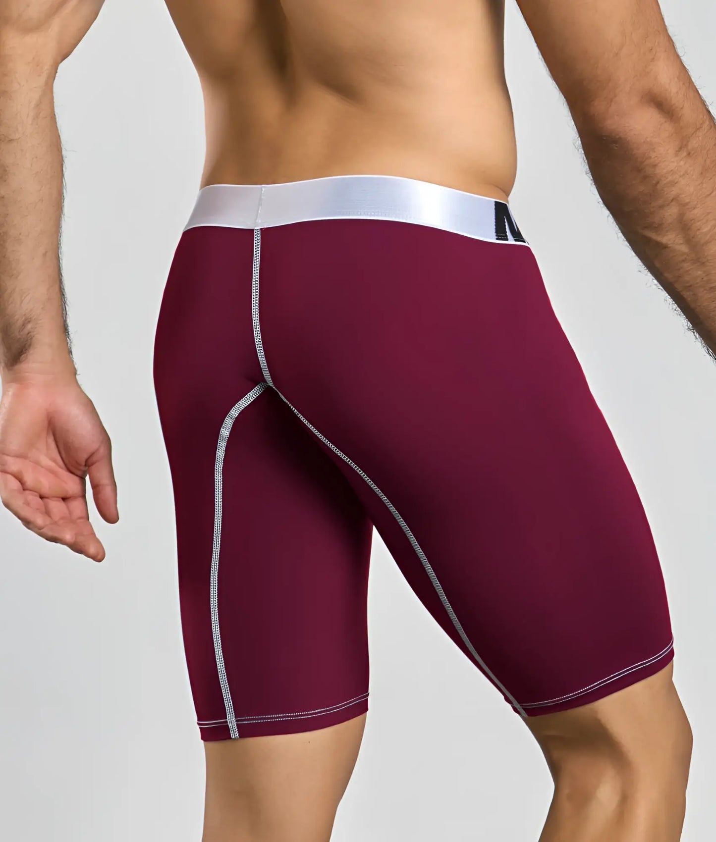 Malebasics microfiber athletic boxer briefs in maroon with silver waistband and matching stitching for sports use
