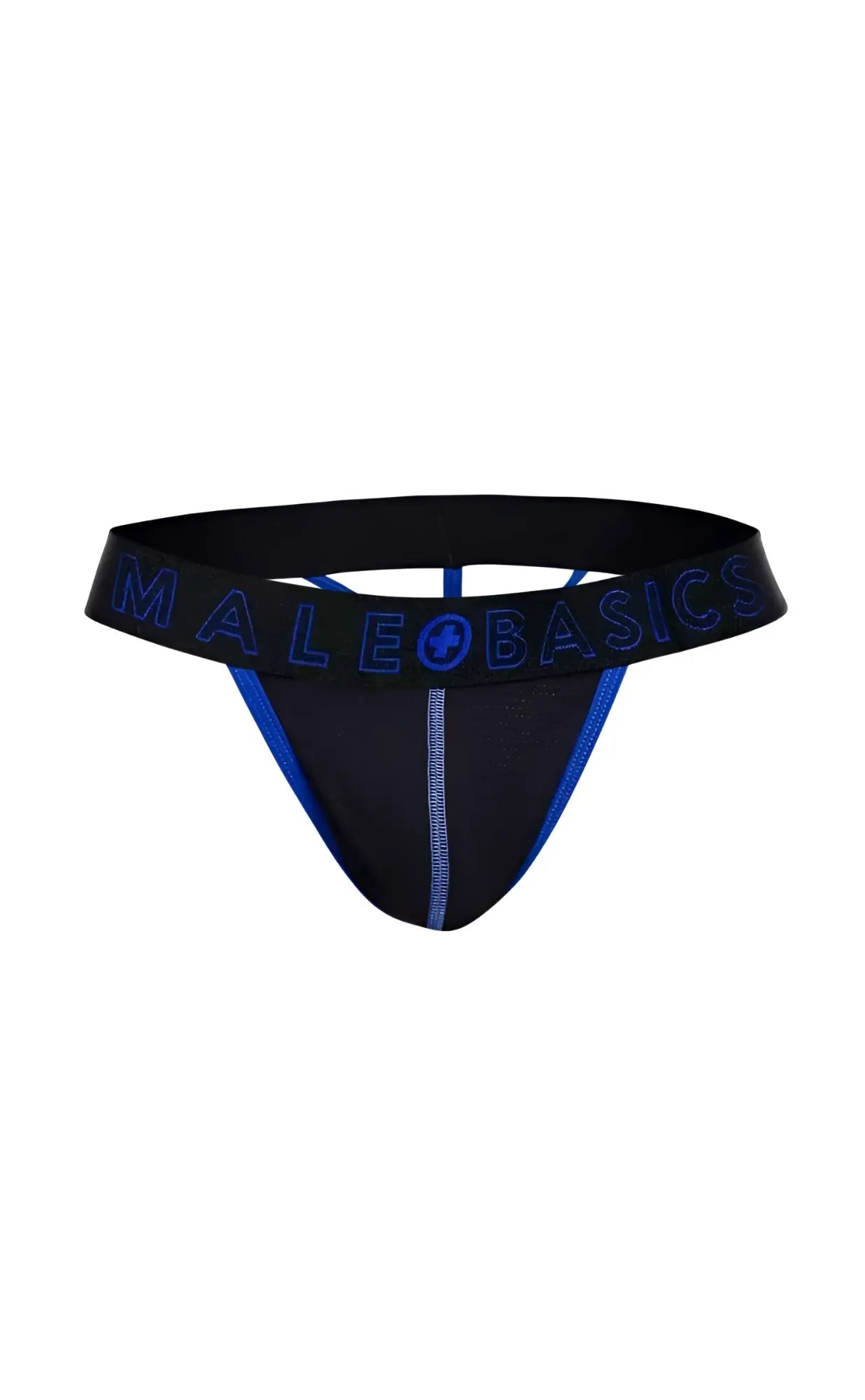 Black male basics neon thong with blue trim and logo detailing front view in soft stretch fabric