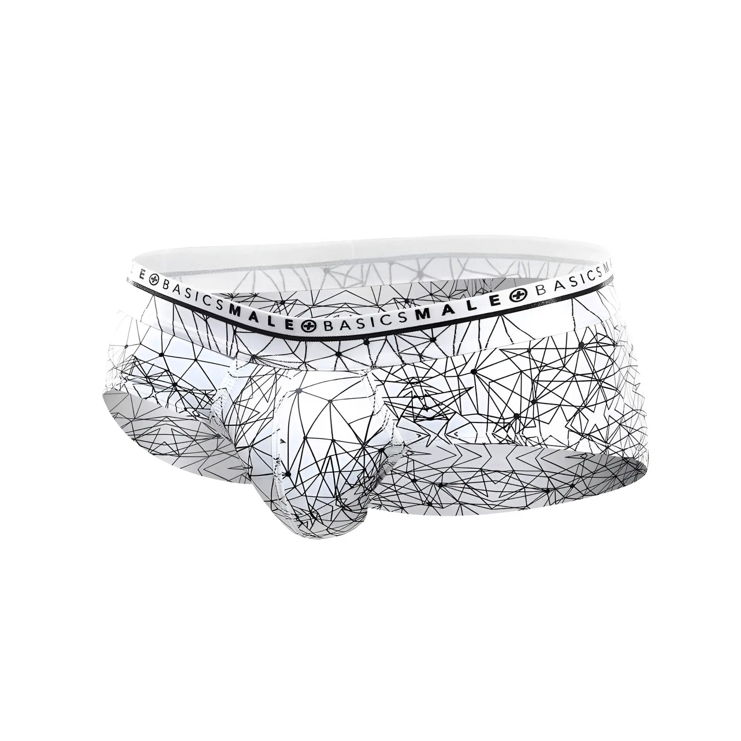 White men’s hipster briefs with black geometric lines and a branded elastic waistband by malebasics