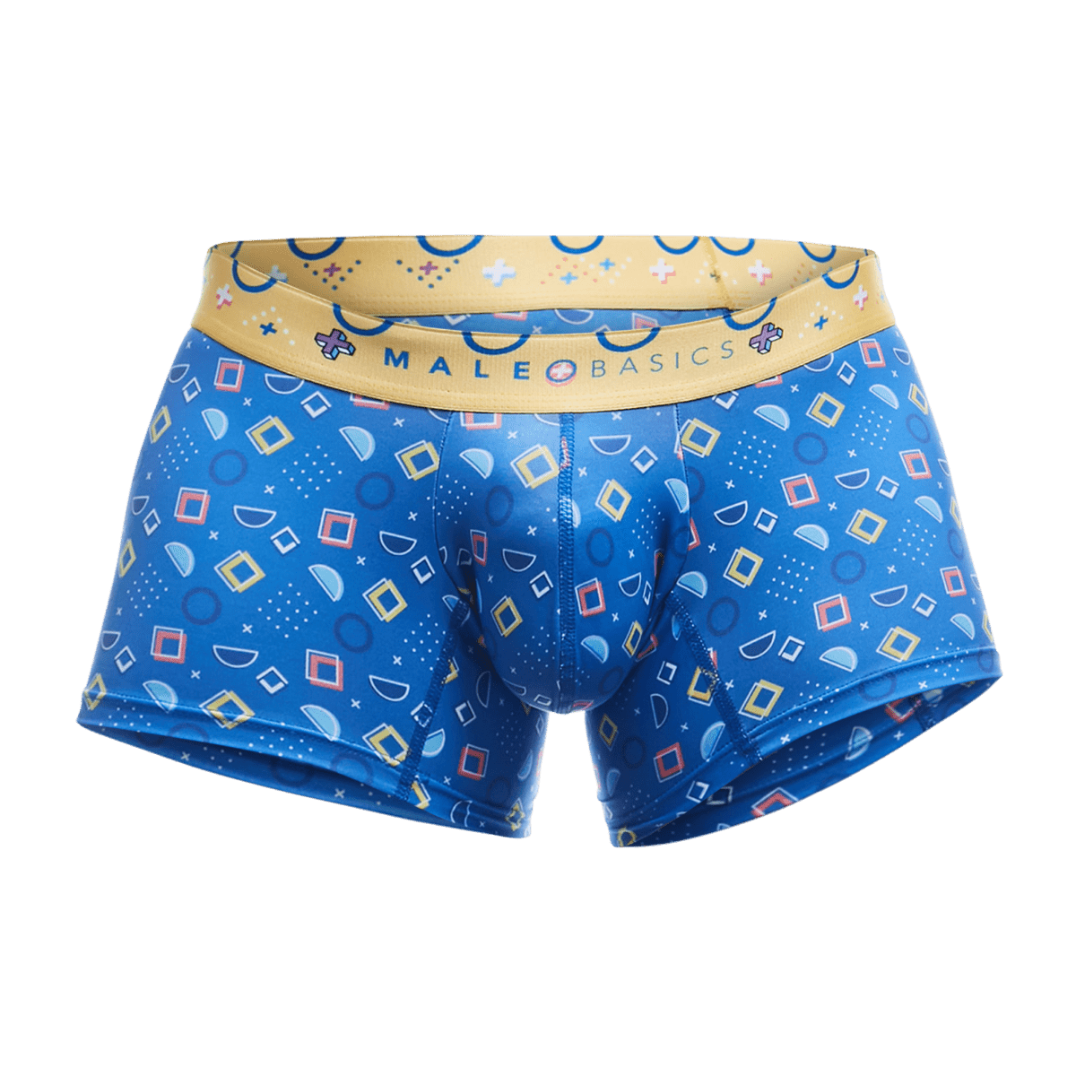 Male basics trunk hipster spectrum blue patterned men’s boxer briefs with yellow waistband and geometric designs