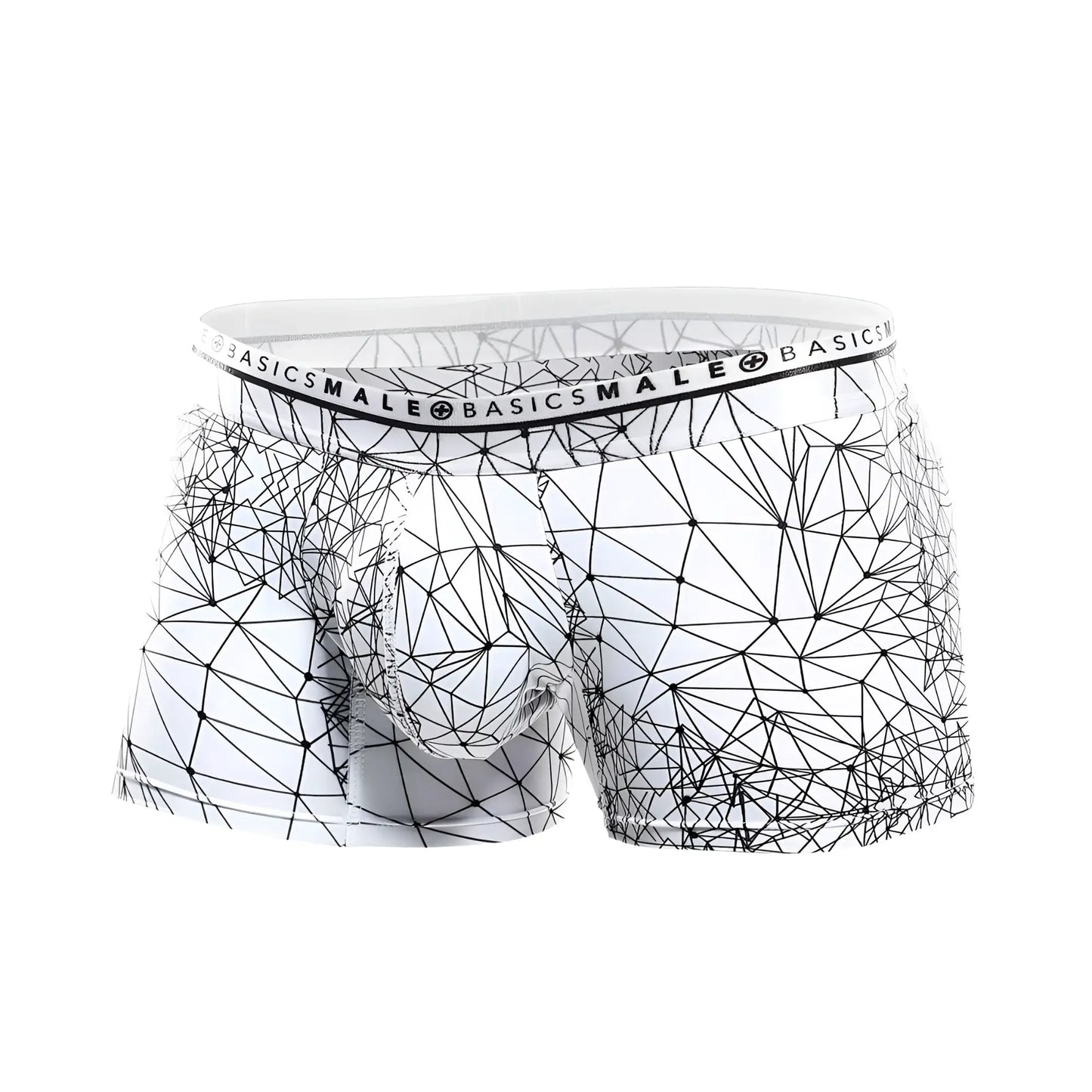 White malebasics trunk hipster spider boxer briefs with bold black geometric line pattern on soft fabric