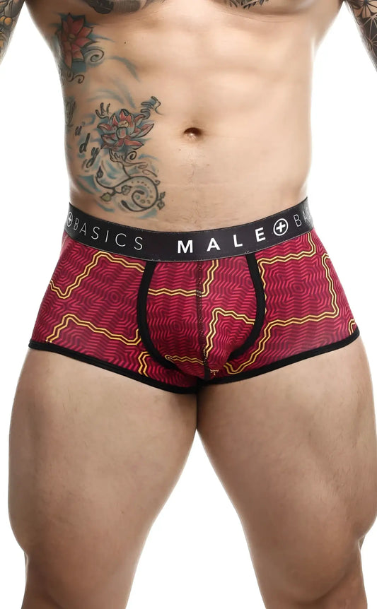 Malebasics trunk sexy pouch red and gold patterned men’s briefs with black trim and branded waistband