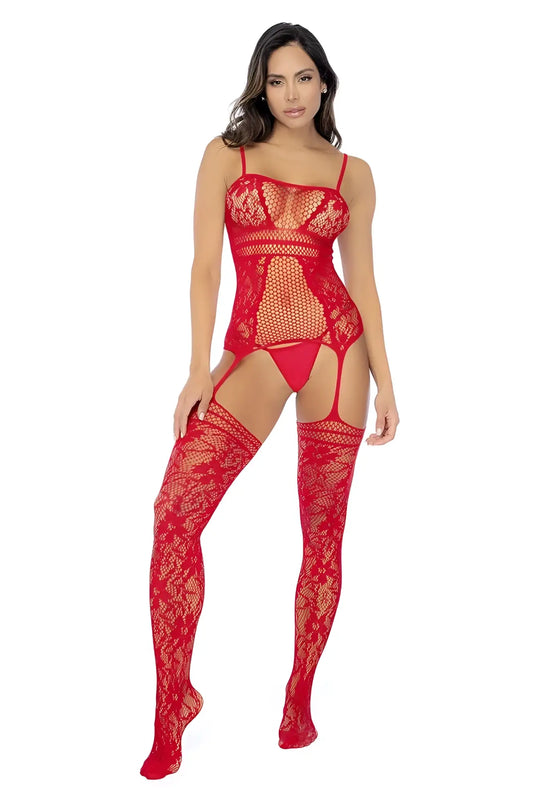 Red lace fishnet bodysuit with matching thigh-high stockings and neck straps by Mapale in bold red color