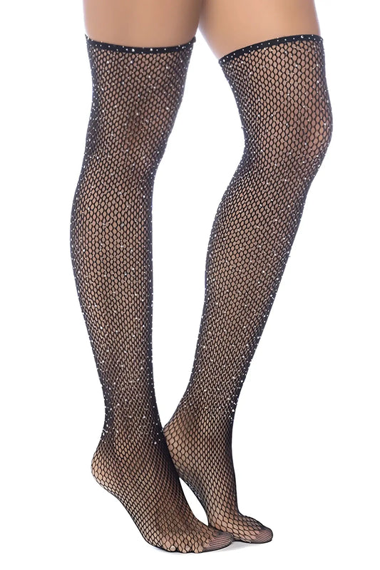 Black mapale 1127 diamond fishnet thigh high stockings with sparkling rhinestones along the top edge