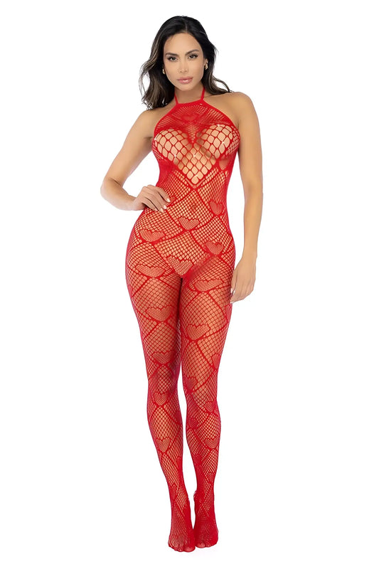 Red heart-patterned mesh fishnet bodysuit with halter neckline and rhinestone detail by Mapale in red