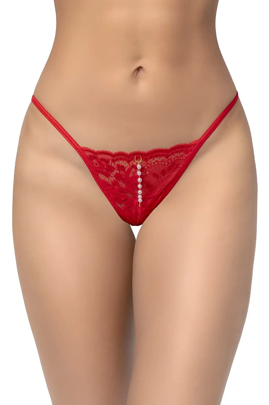 Mapale 129 red thong with a vertical row of white pearls down the center made of red lace fabric