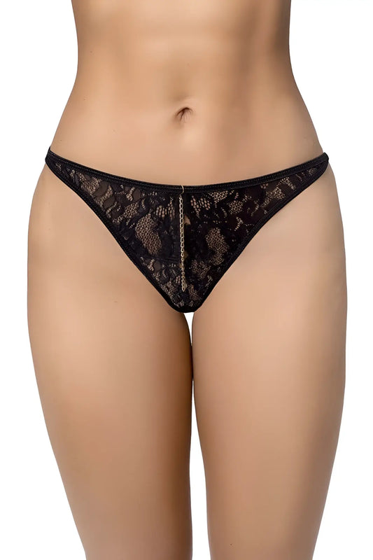Black lace thong with delicate floral patterns and a central gold chain detail by mapale in color black
