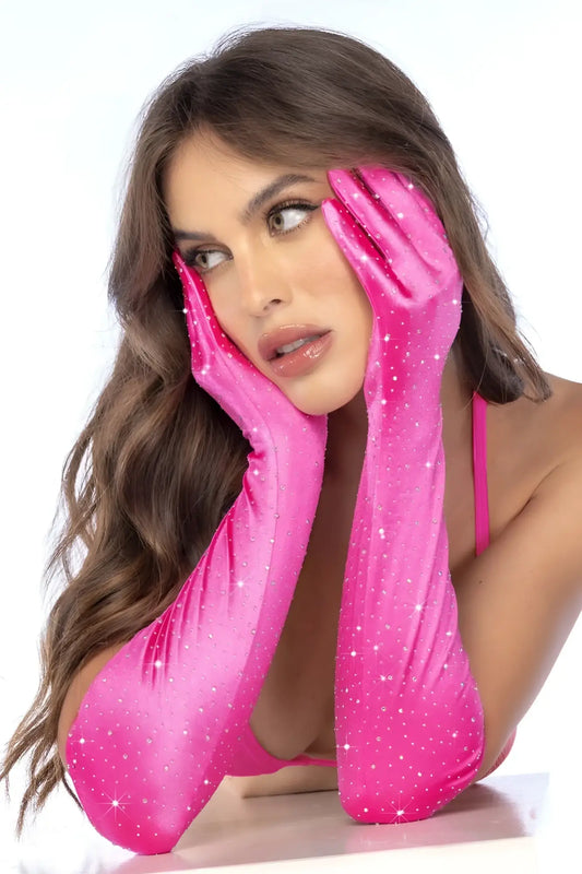 Bright pink Mapale 135 satin opera gloves with rhinestone star pattern and sparkly finish