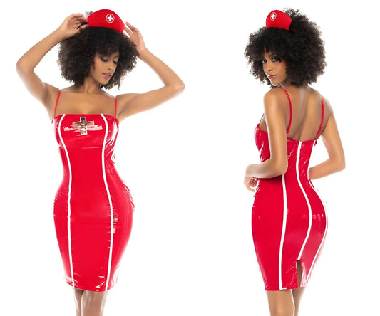 Red latex nurse costume dress with white vertical stripes and chest cross emblem by mapale model 60019 color only color