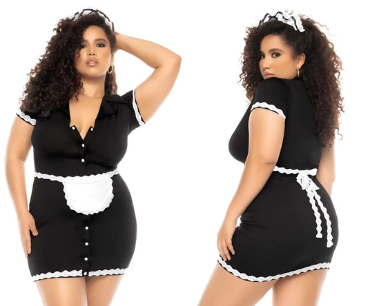 Black plus-size Mapale 60021X flirty French maid costume with white lace trim and matching apron in color only