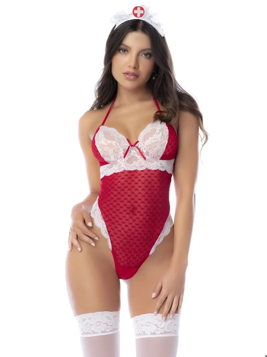 Red and white lace nurse-themed bodysuit with mesh panels by mapale for costume use