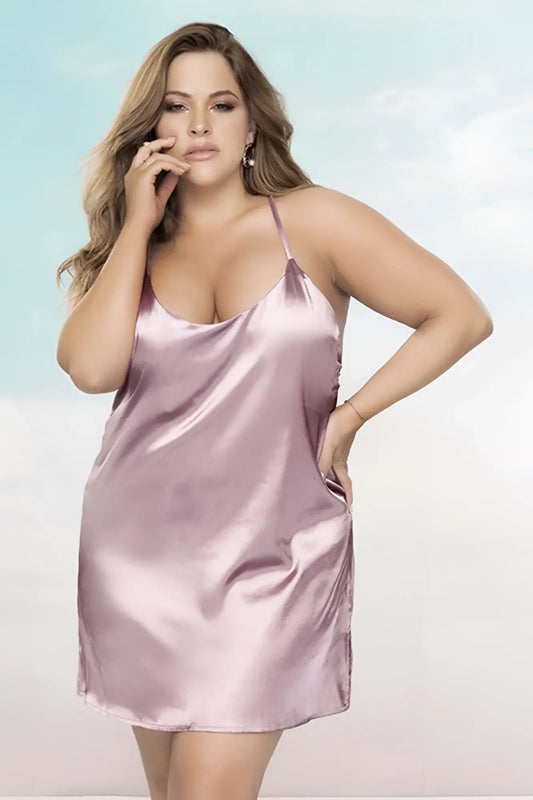 A soft lavender satin slip dress with delicate spaghetti straps and a loose fit by Mapale 7422X babydoll rosewood