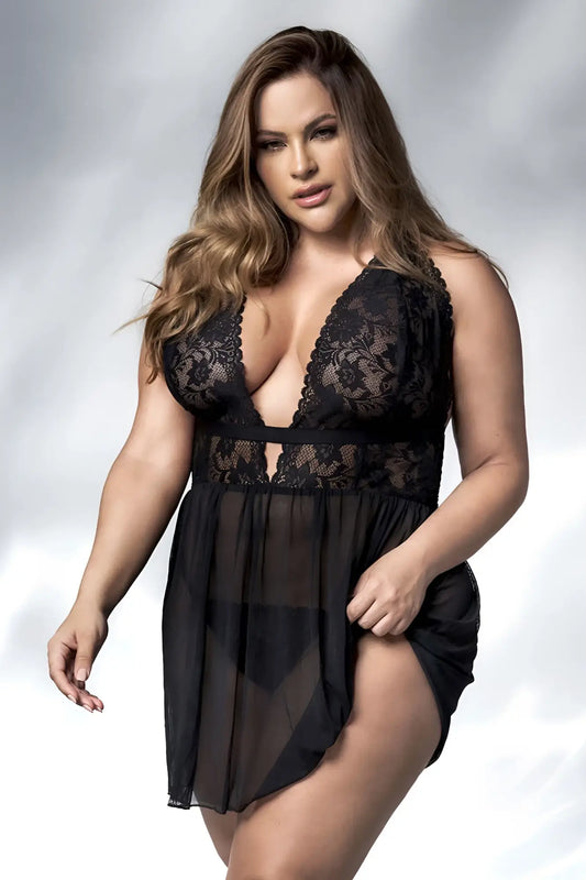 Mapale 7500X babydoll black lace and sheer mesh nightgown with plunging neckline and halter straps