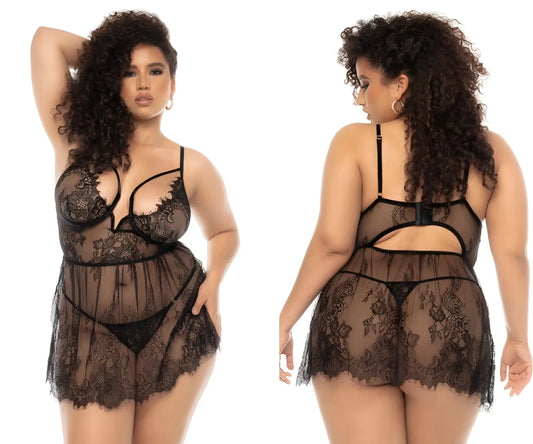 Black lace lingerie set mapale 7550x selma babydoll with intricate floral patterns and sheer mesh panels