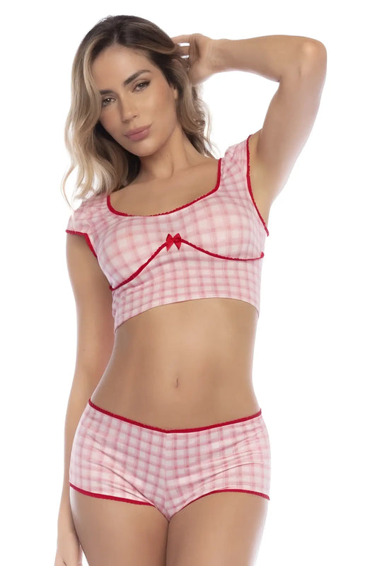 Mapale 7591 two piece pink plaid gingham pajama set with red trim and small bow detail on top