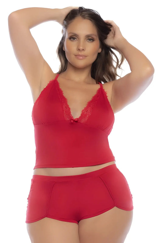 Red lace-trimmed camisole top with sweetheart neckline and matching shorts in mapale 7593x two piece pajama set red