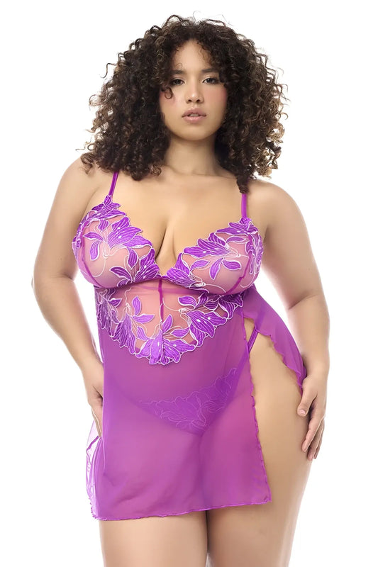 Mapale 7614X azalea purple floral lace babydoll with sheer mesh overlay and matching panty side slit detail