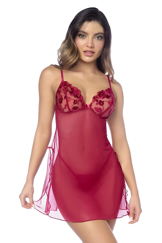 Mapale 7620 red sheer babydoll nightgown with floral lace bust detailing and side ties with matching panty